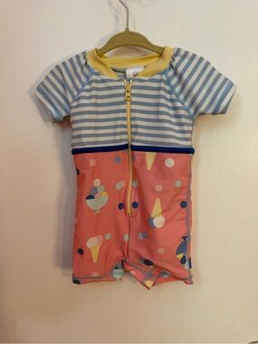 Hanna Andersson Light Blue and Cream Striped Baby Zip Romper Swimsuit